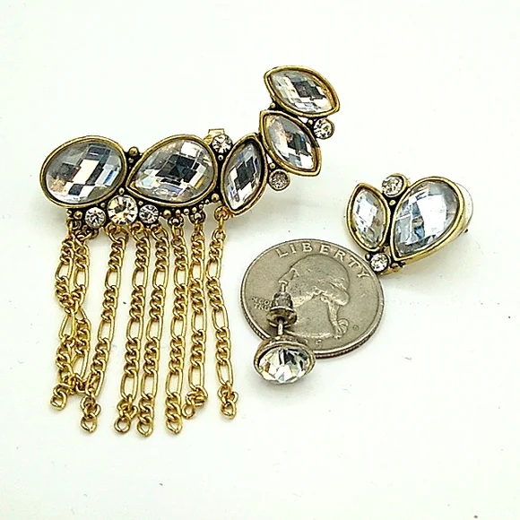 Rhinestone Teardrop Marquis Tassel Fringe Solitaire Earrings Set of 3 Mismatched - Picture 9 of 10